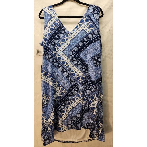Nina Leonard Dress 1X Blue Geo Print Sleeveless Short Vneck Aline knee length - Picture 9 of 11